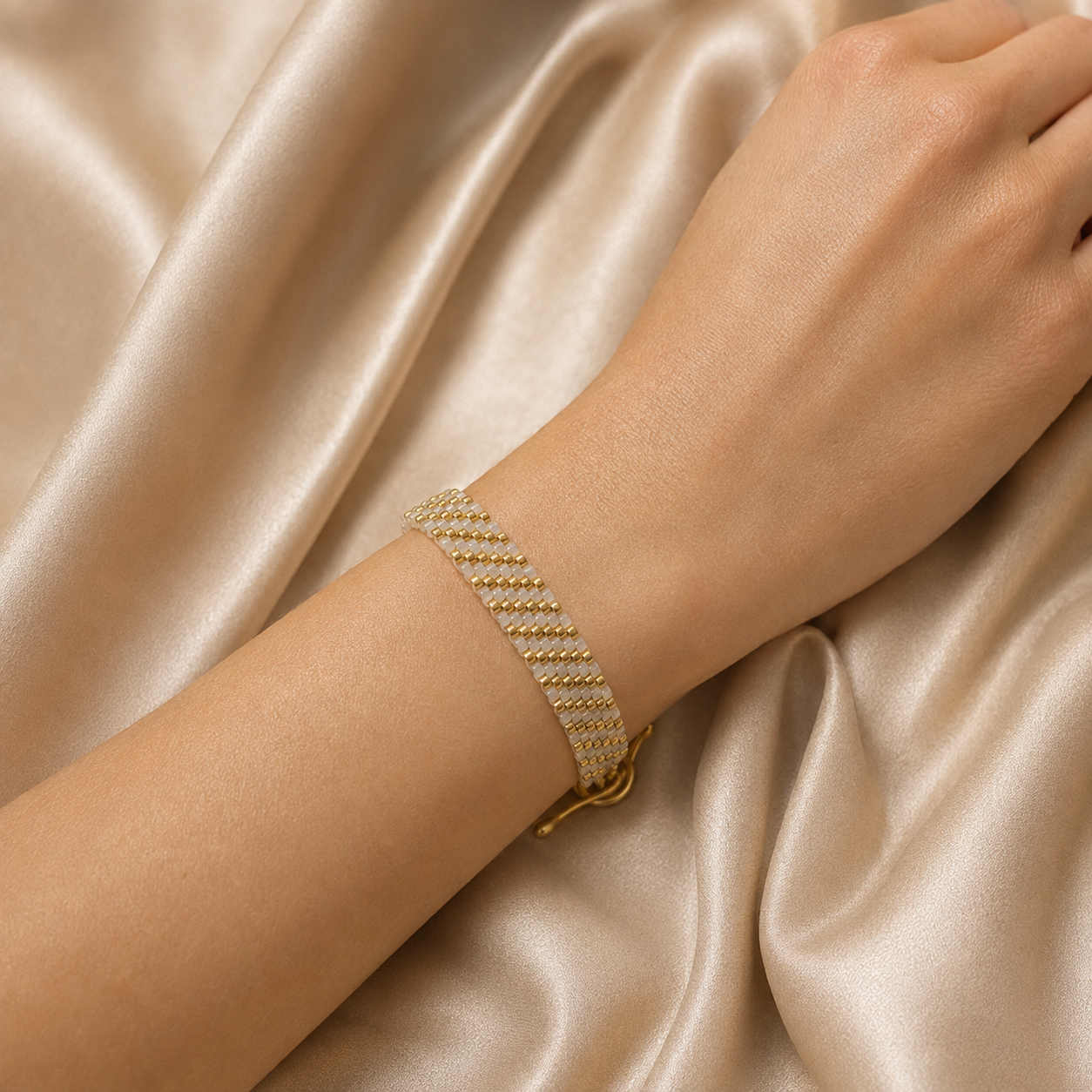 Hand Woven Gold & White Seed Bead Bracelet