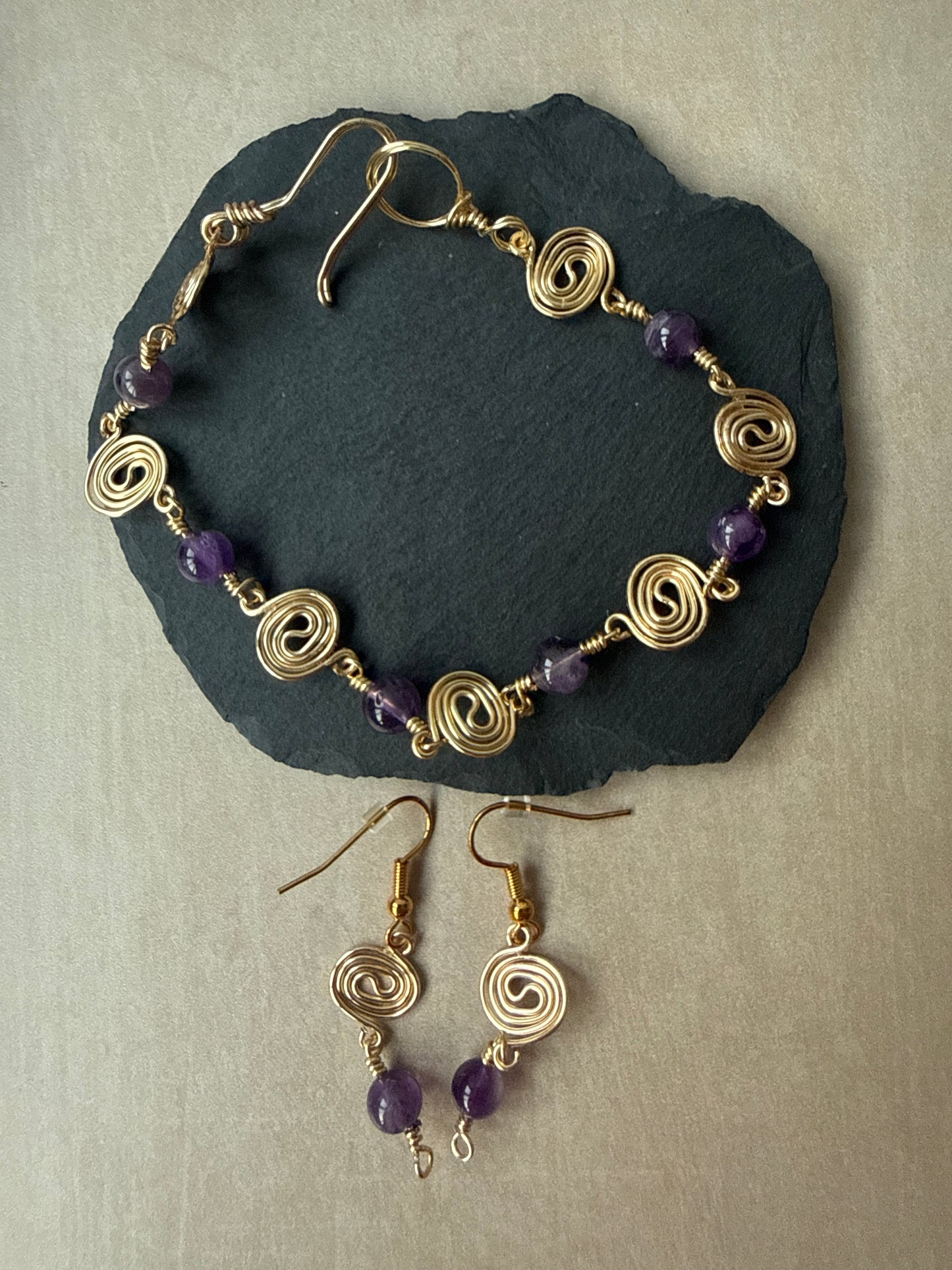 Gold Plated Spiral Bracelet with Amethyst Beads