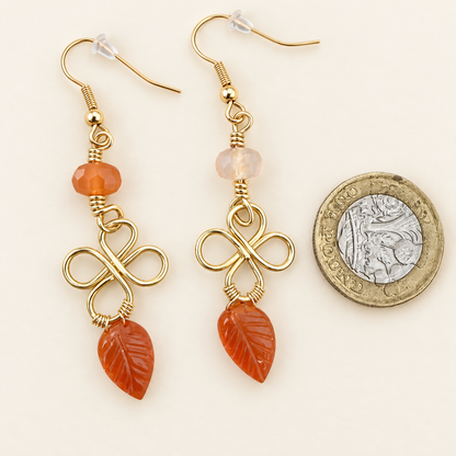Carnelian Leaf Drop Earrings – Gold Plated