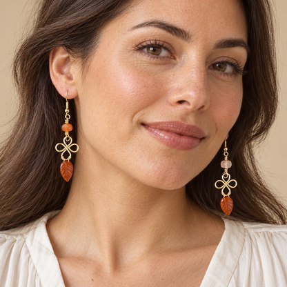 Carnelian Leaf Drop Earrings – Gold Plated