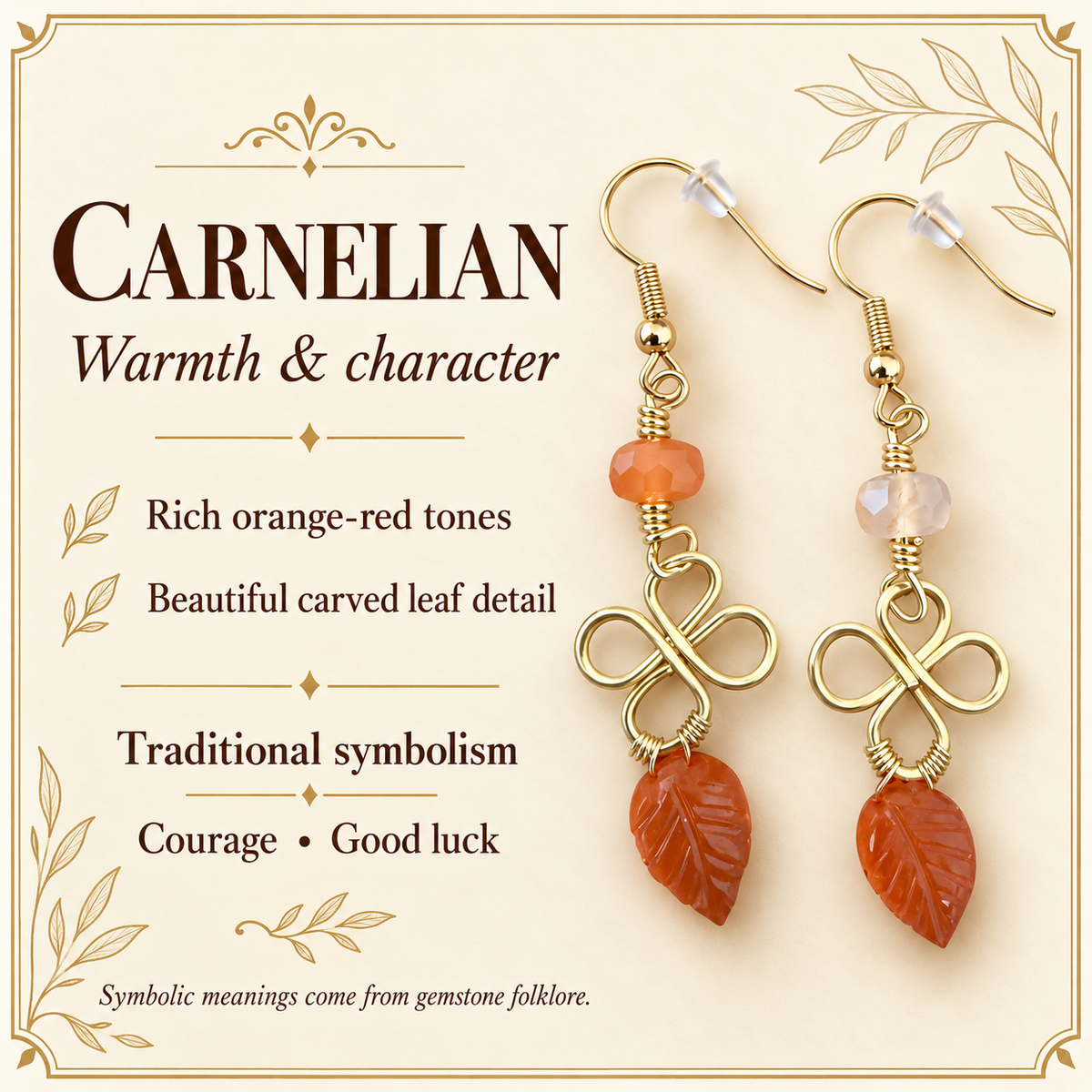 Carnelian Leaf Drop Earrings – Gold Plated