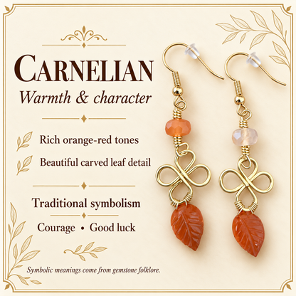 Carnelian Leaf Drop Earrings – Gold Plated