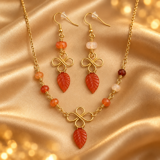 Carnelian Leaf Necklace & Earring Set – Gold Plated