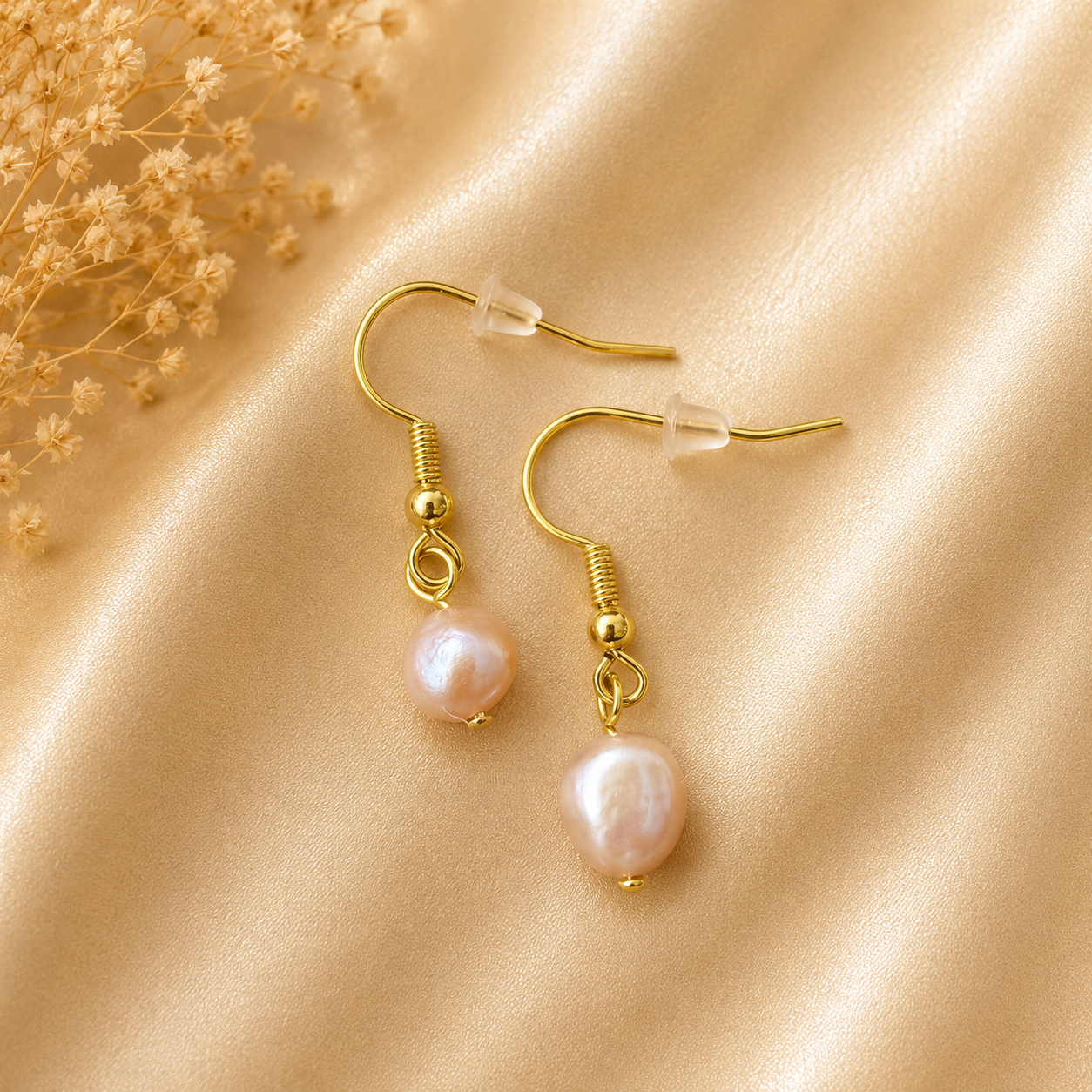 Handcrafted Gold Plated Earrings with Natural Pink Freshwater Pearls — Unique Shapes