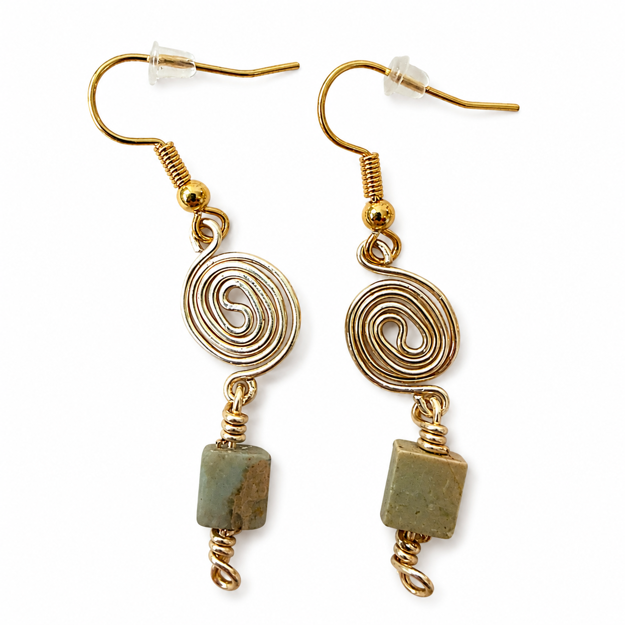 Shoushan Stone & Gold Spiral Drop Earrings