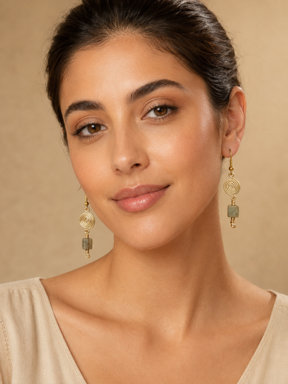 Shoushan Stone & Gold Spiral Drop Earrings
