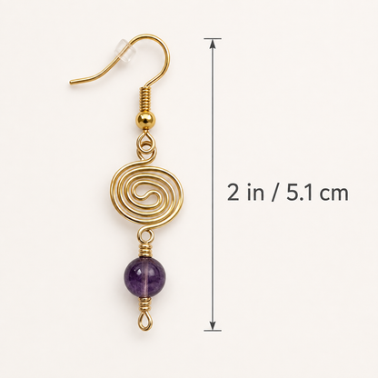 Gold Plated Spiral & Amethyst Bead Drop Earrings