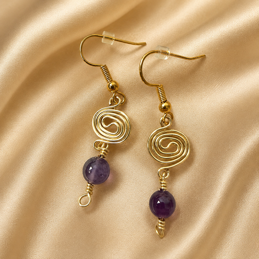 Gold Plated Spiral & Amethyst Bead Drop Earrings