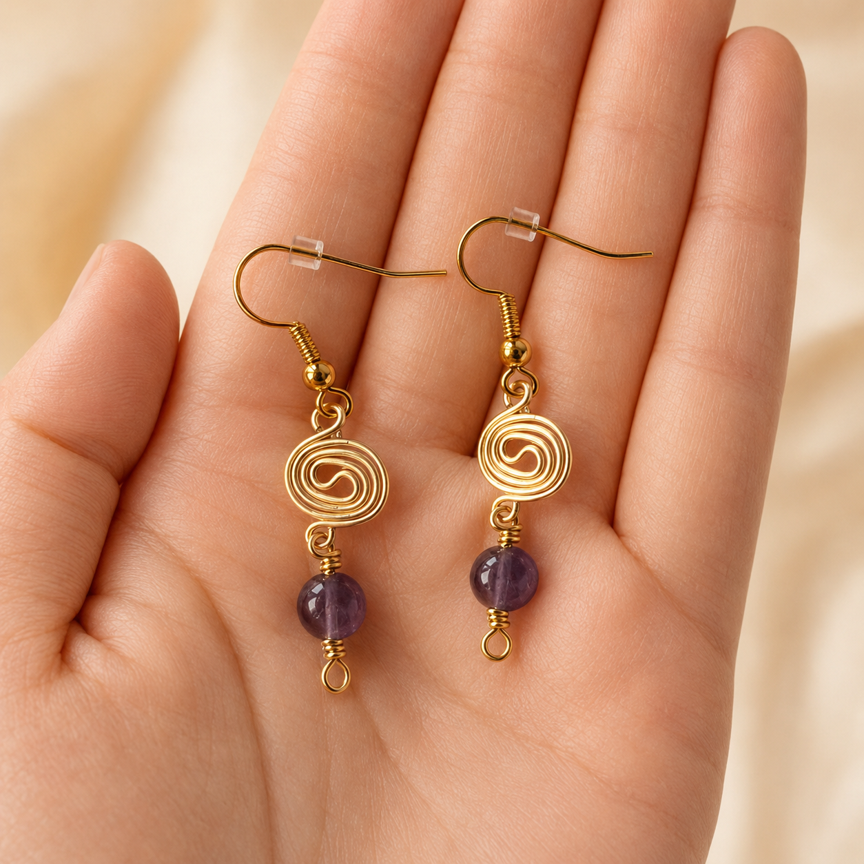 Gold Plated Spiral & Amethyst Bead Drop Earrings