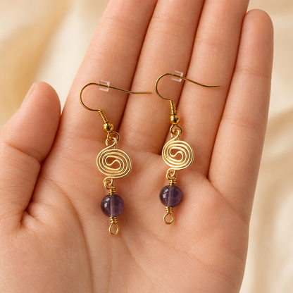 Gold Plated Spiral & Amethyst Bead Drop Earrings