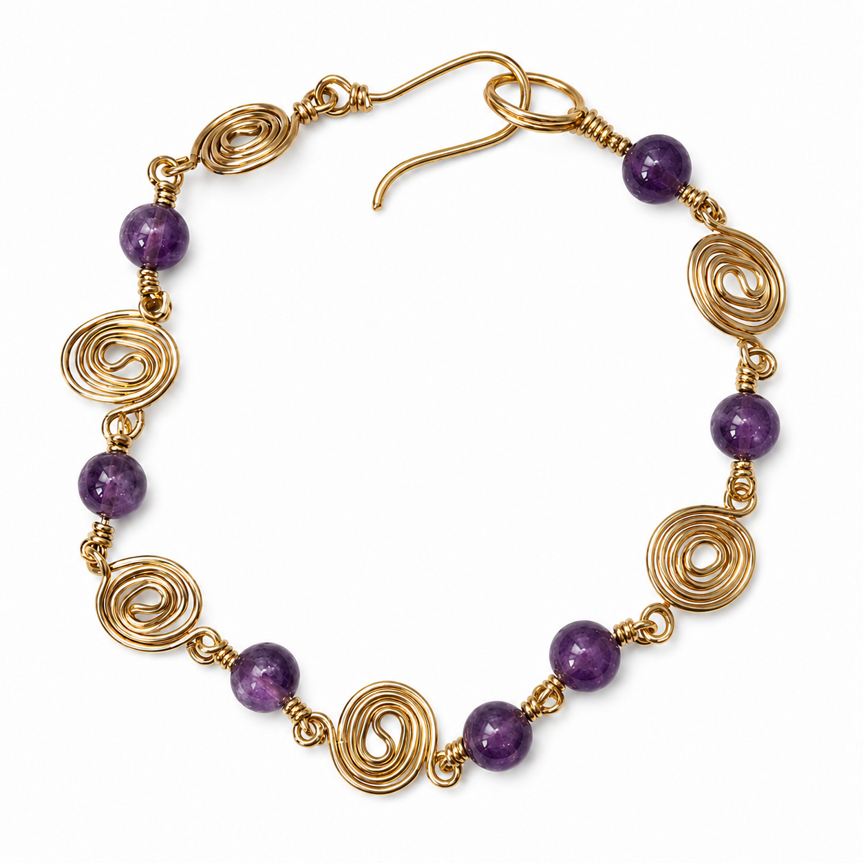 Gold Plated Spiral Bracelet with Amethyst Beads