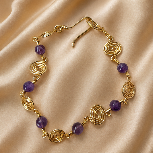 Gold Plated Spiral Bracelet with Amethyst Beads