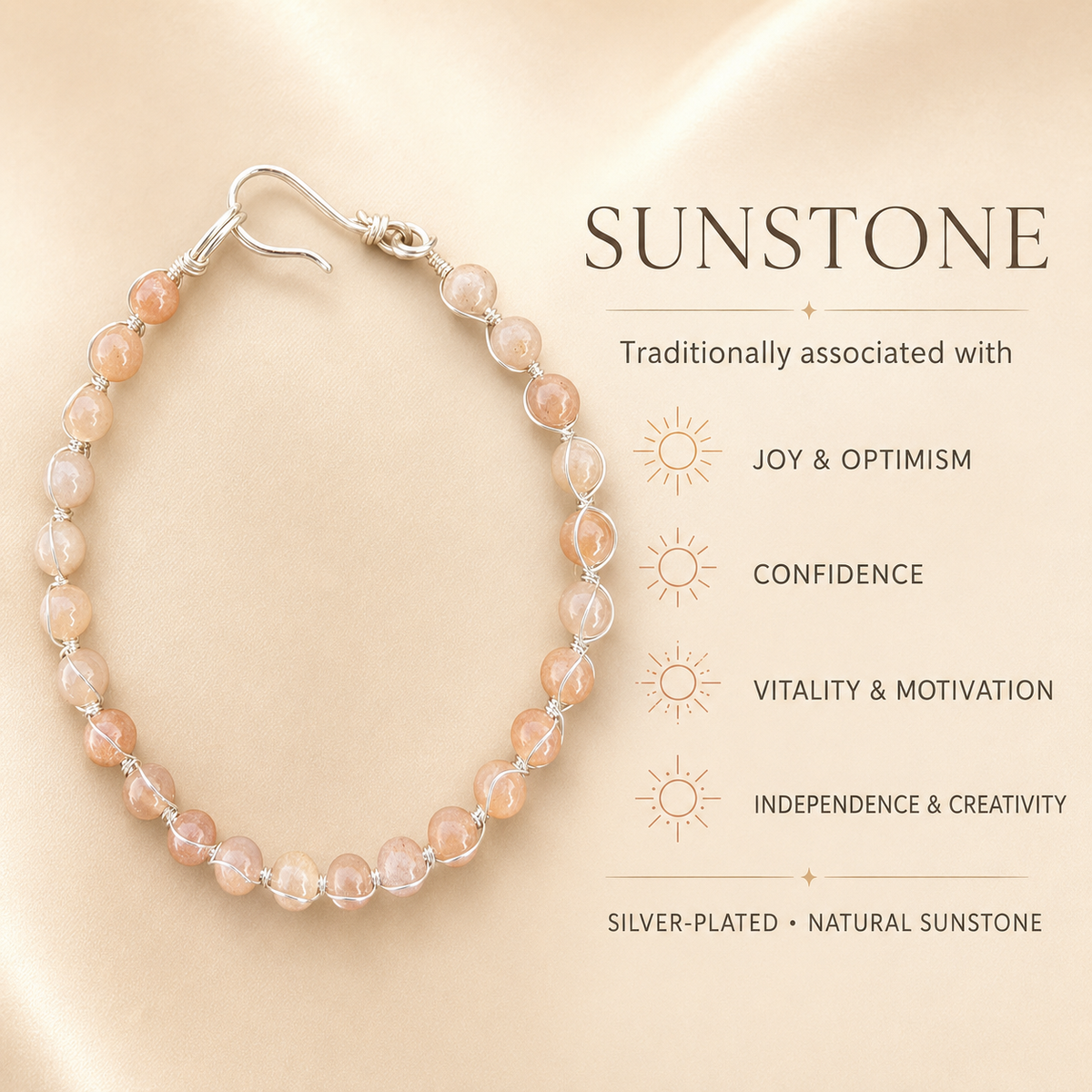Sunstone and silver plated link bracelet