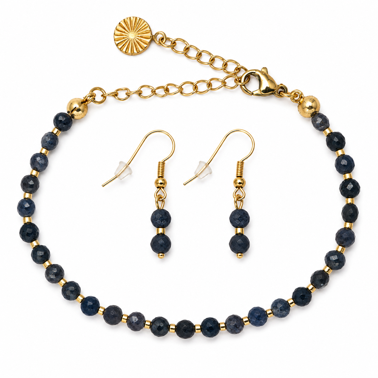 18K Gold Plated Sapphire Bracelet and Drop Earrings Set for Women – Handmade Faceted Blue Gemstone Jewellery with Adjustable Chain – Gift for Her