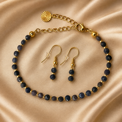 18K Gold Plated Sapphire Bracelet and Drop Earrings Set for Women – Handmade Faceted Blue Gemstone Jewellery with Adjustable Chain – Gift for Her