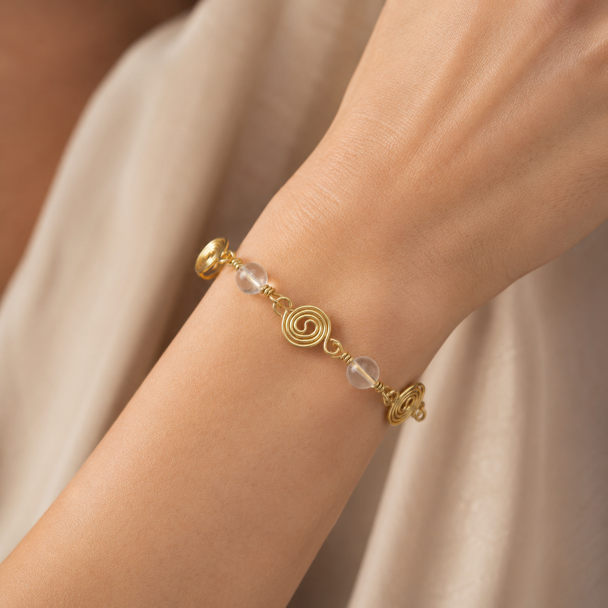 Gold Plated Spiral Bracelet with Clear Quartz Beads