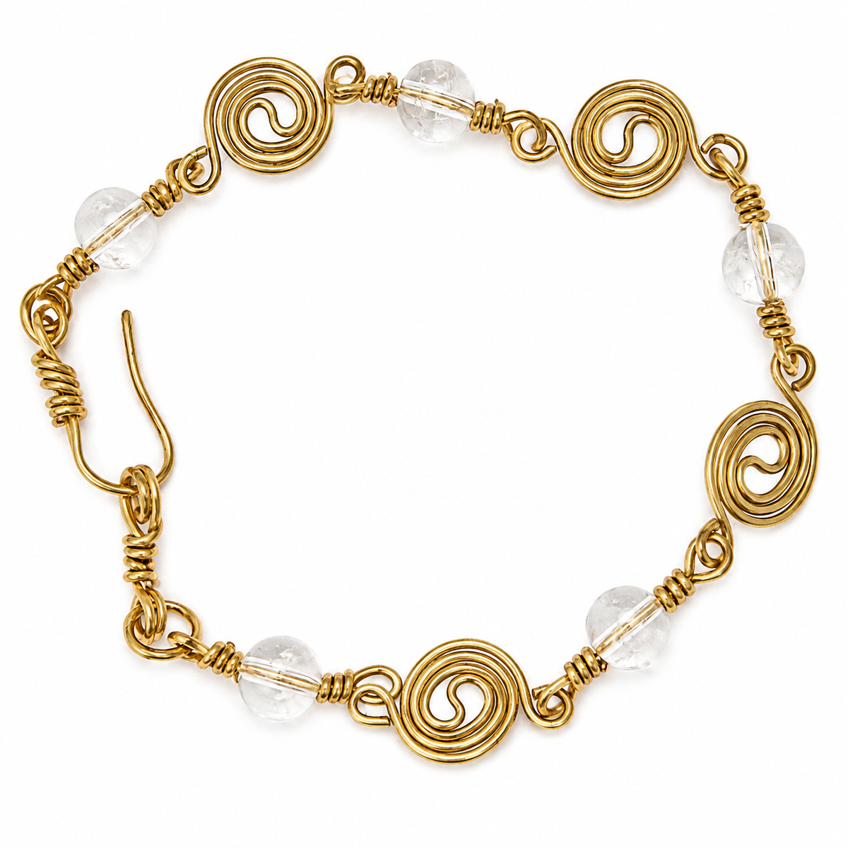 Gold Plated Spiral Bracelet with Clear Quartz Beads