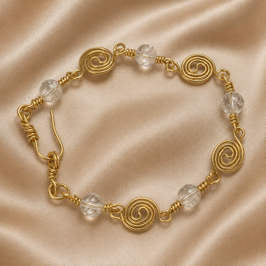 Gold Plated Spiral Bracelet with Clear Quartz Beads