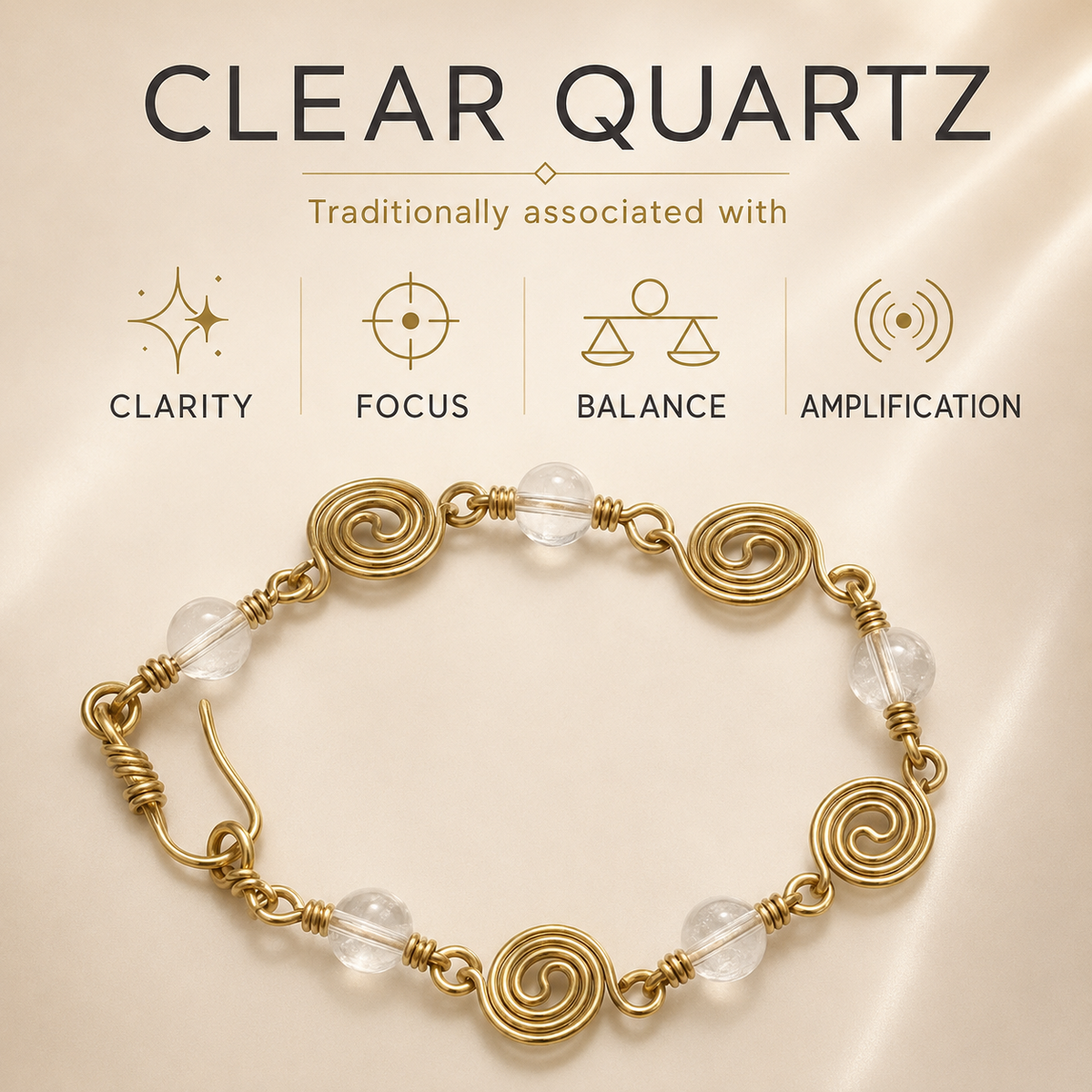 Gold Plated Spiral Bracelet with Clear Quartz Beads