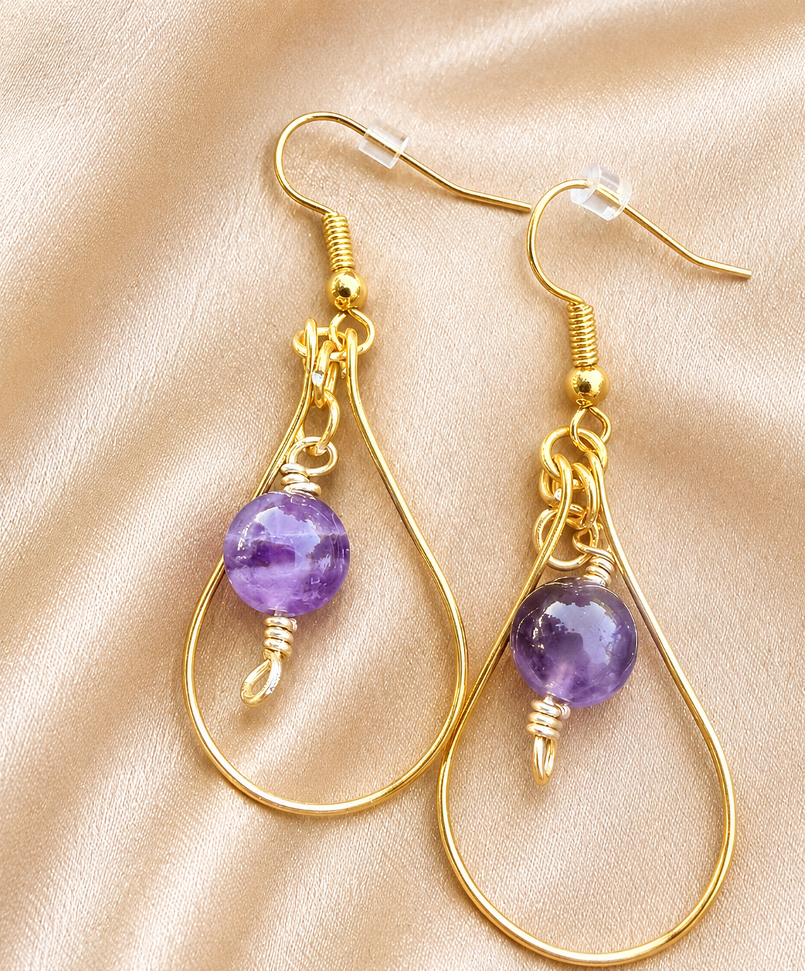 Gold Plated Tear Drop Hoop Earrings with Amethyst Beads