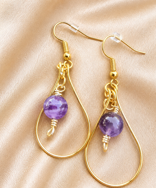 Gold Plated Tear Drop Hoop Earrings with Amethyst Beads