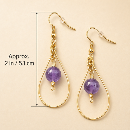 Gold Plated Tear Drop Hoop Earrings with Amethyst Beads