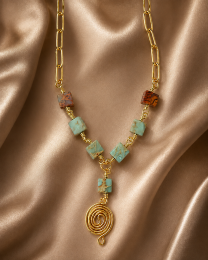 Shoushan Stone & Gold Spiral Longline Necklace