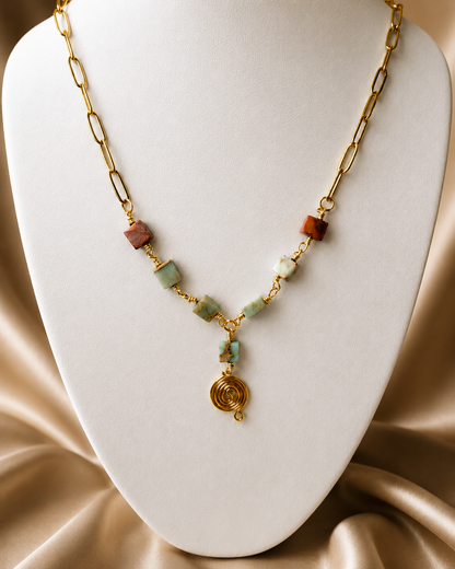 Shoushan Stone & Gold Spiral Longline Necklace
