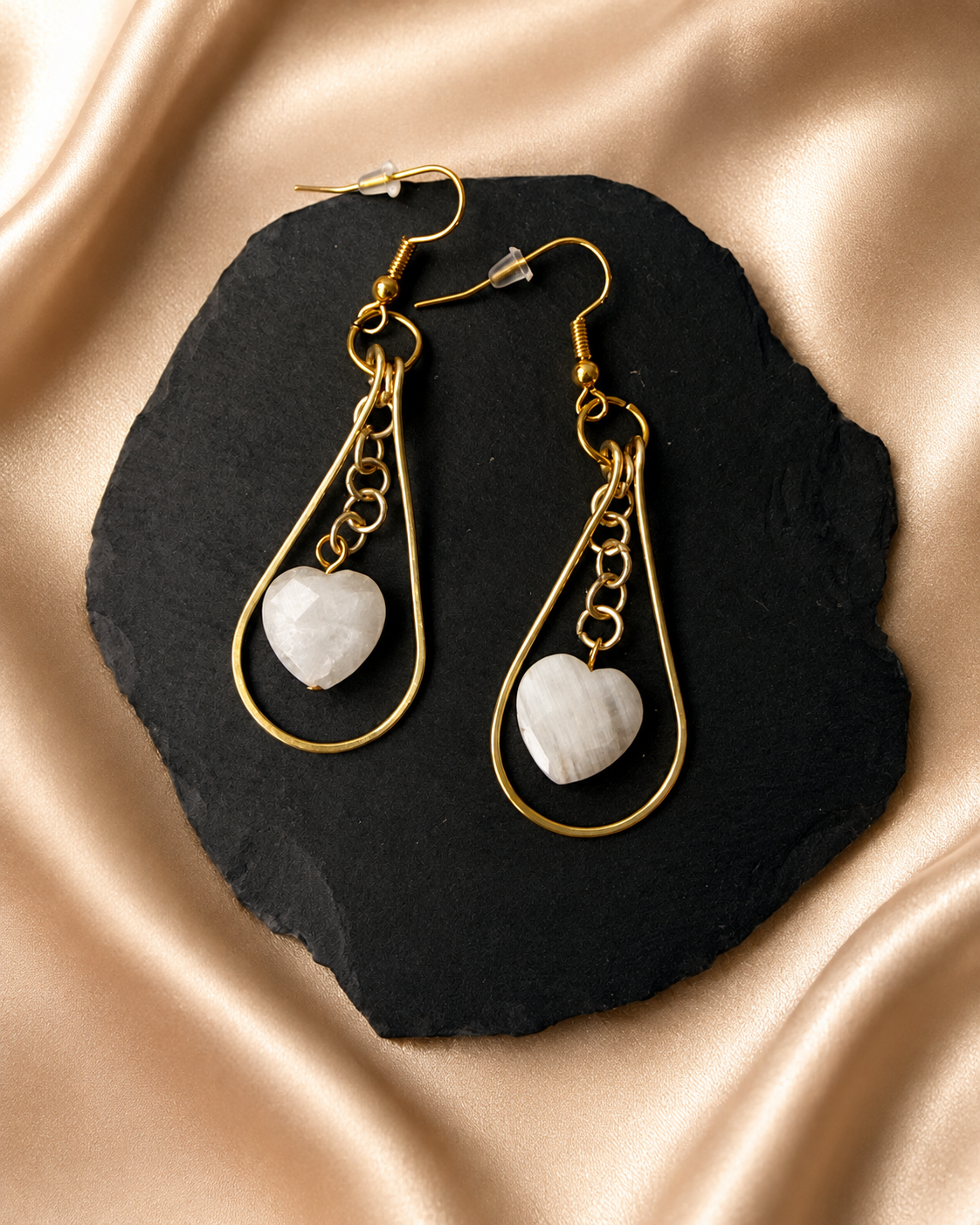 Gold Plated Teardrop Hoop Earrings with Heart Moonstone Bead