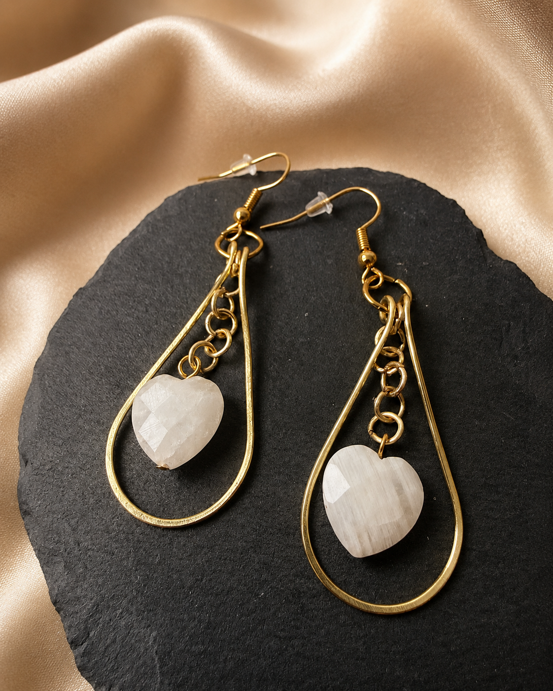 Gold Plated Teardrop Hoop Earrings with Heart Moonstone Bead