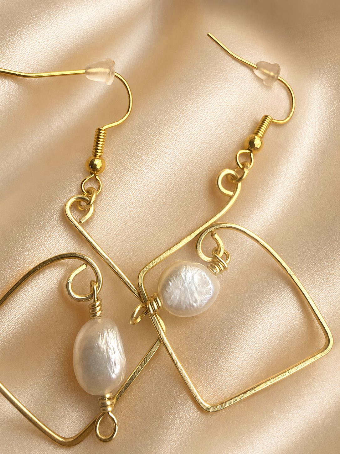 Gold Plated Square Hoop Earrings with Freshwater Pearls
