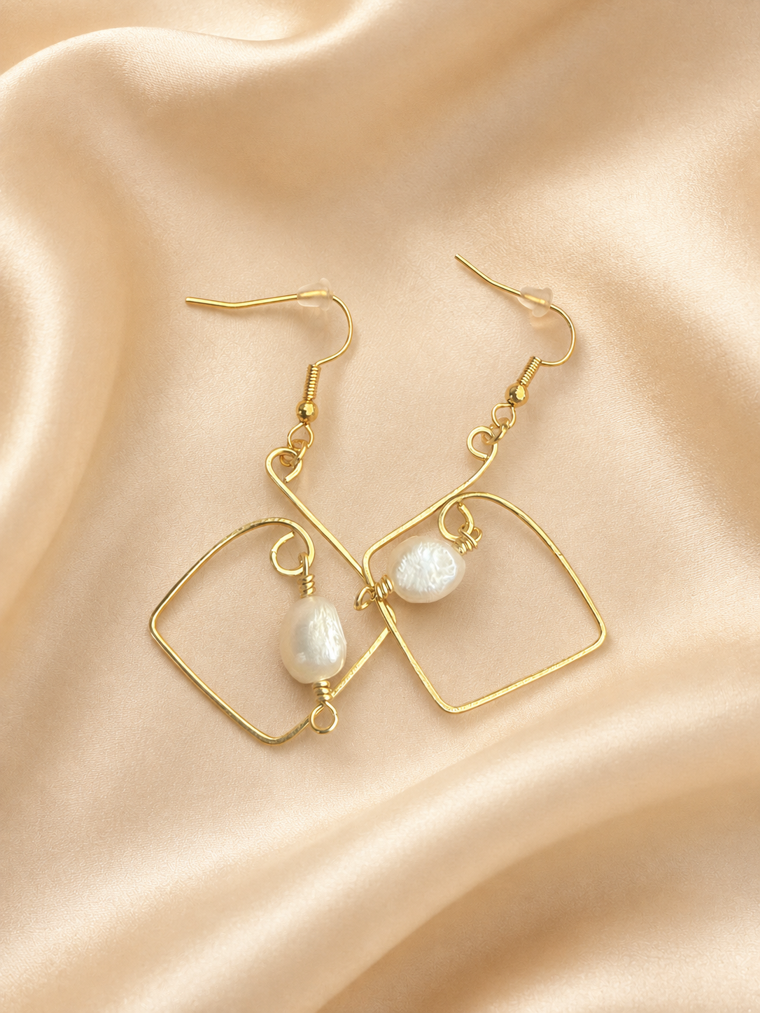 Gold Plated Square Hoop Earrings with Freshwater Pearls