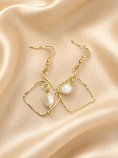 Gold Plated Square Hoop Earrings with Freshwater Pearls