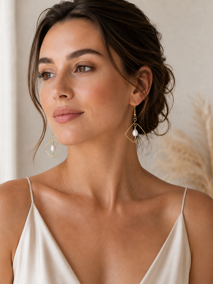 Gold Plated Square Hoop Earrings with Freshwater Pearls