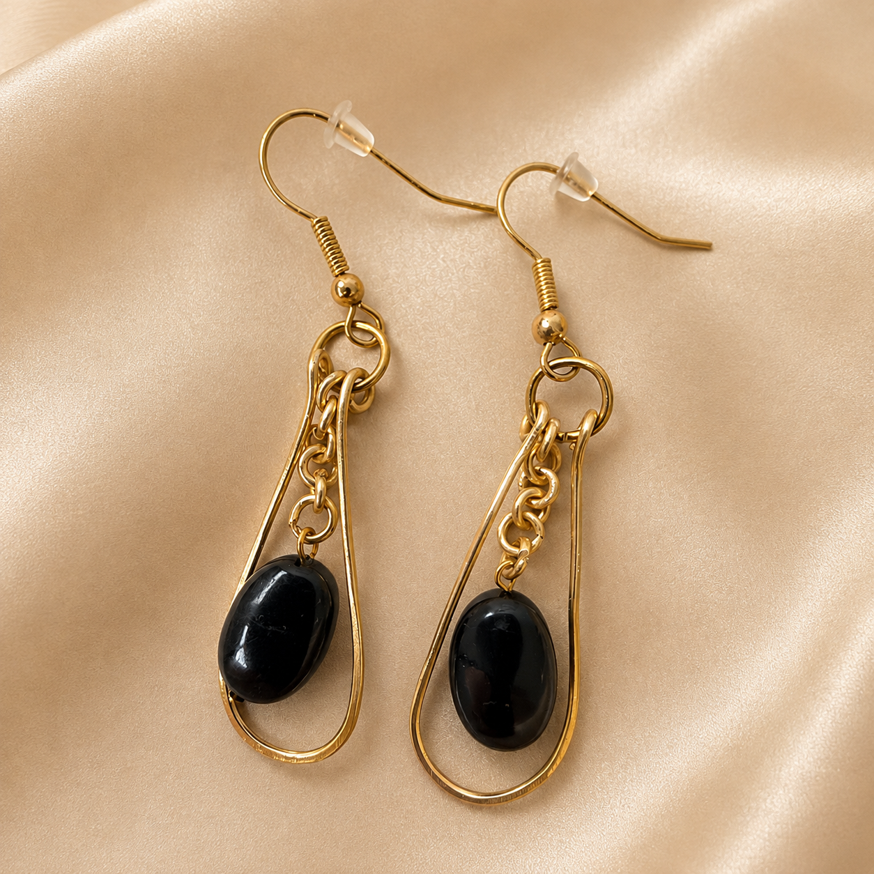 Gold-Plated Black Tourmaline Teardrop Earrings