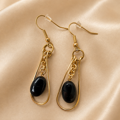 Gold-Plated Black Tourmaline Teardrop Earrings