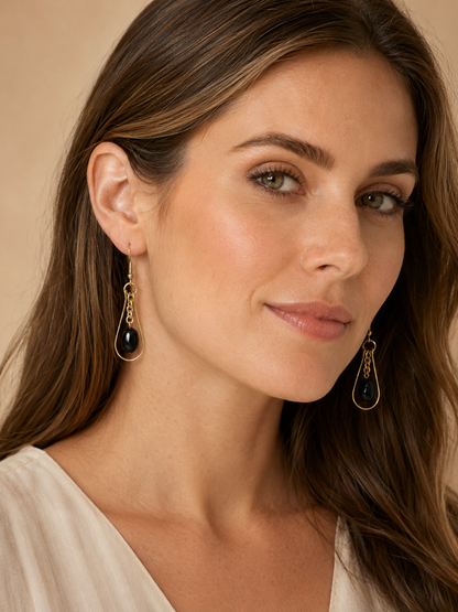 Gold-Plated Black Tourmaline Teardrop Earrings