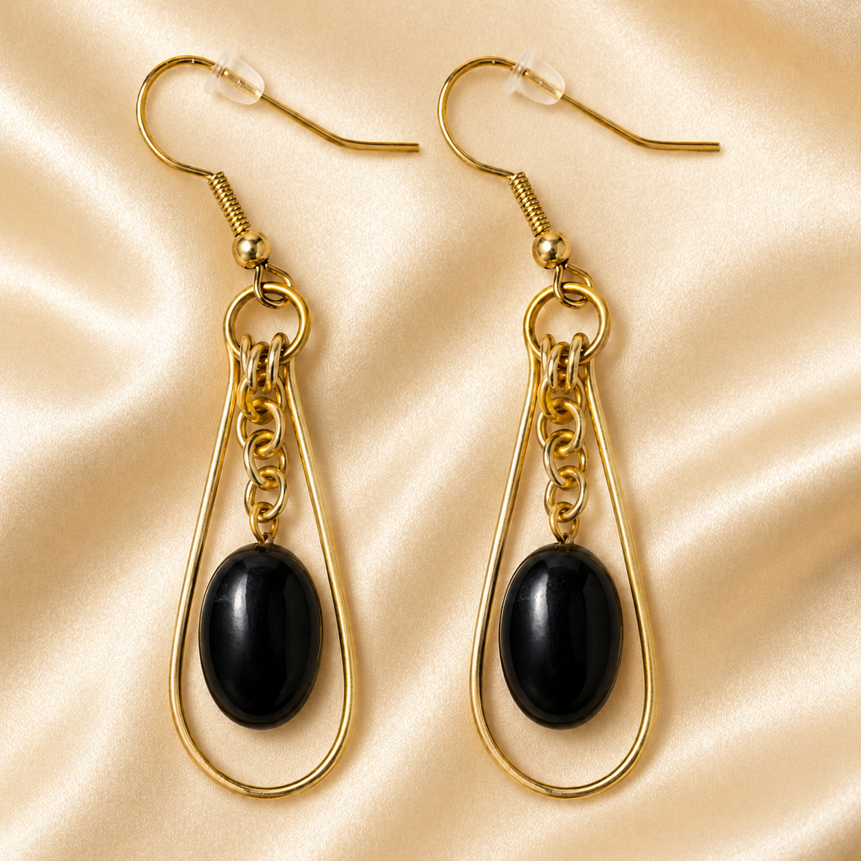 Gold-Plated Black Tourmaline Teardrop Earrings