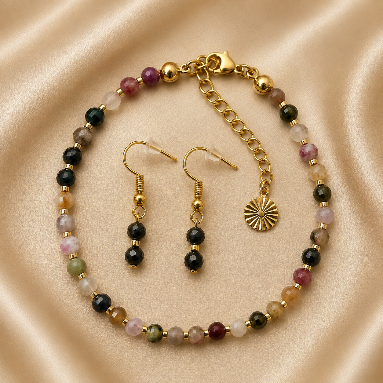 Gold-Plated Multicoloured Tourmaline Bracelet & Earrings Set