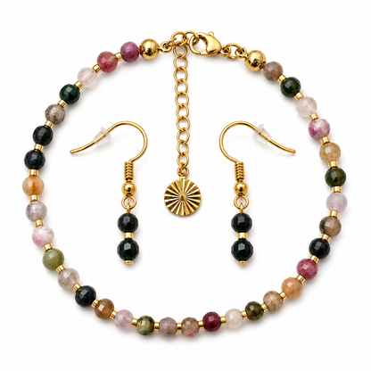 Gold-Plated Multicoloured Tourmaline Bracelet & Earrings Set