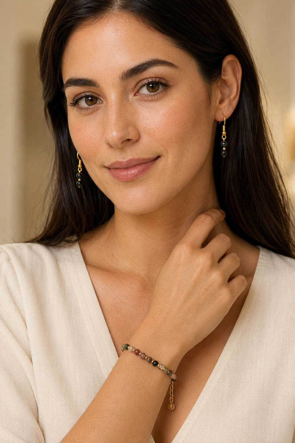 Gold-Plated Multicoloured Tourmaline Bracelet & Earrings Set