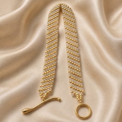 Hand Woven Gold & White Seed Bead Bracelet