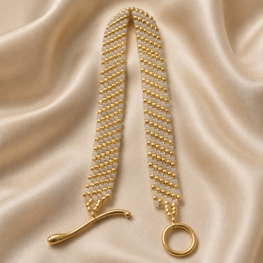 Hand Woven Gold & White Seed Bead Bracelet