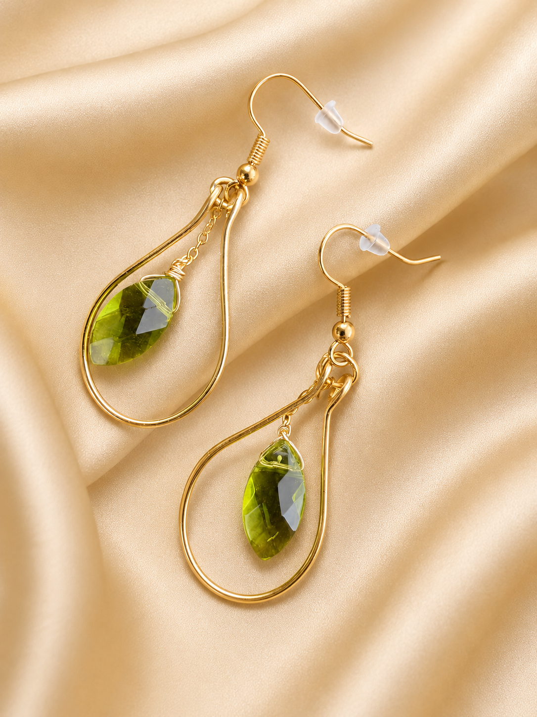 Gold Plated Teardrop Hoop Earrings with Green Glass Bead