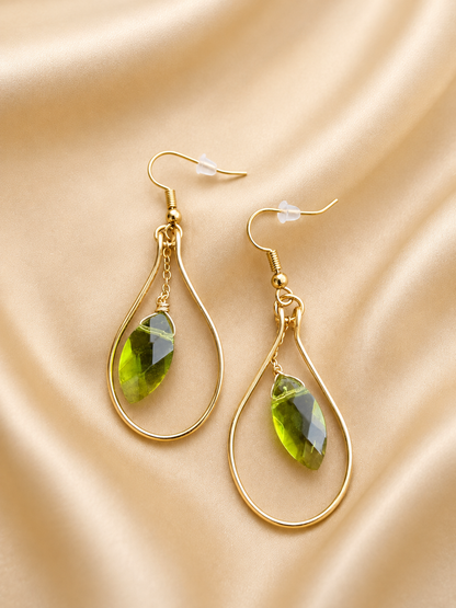 Gold Plated Teardrop Hoop Earrings with Green Glass Bead