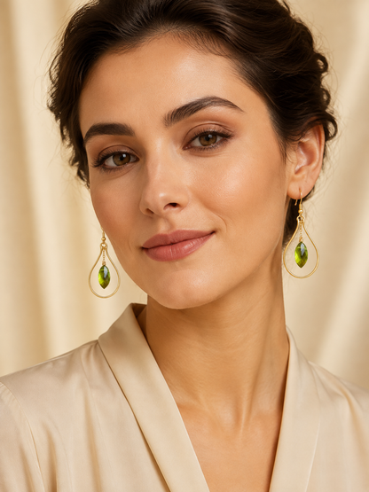 Gold Plated Teardrop Hoop Earrings with Green Glass Bead