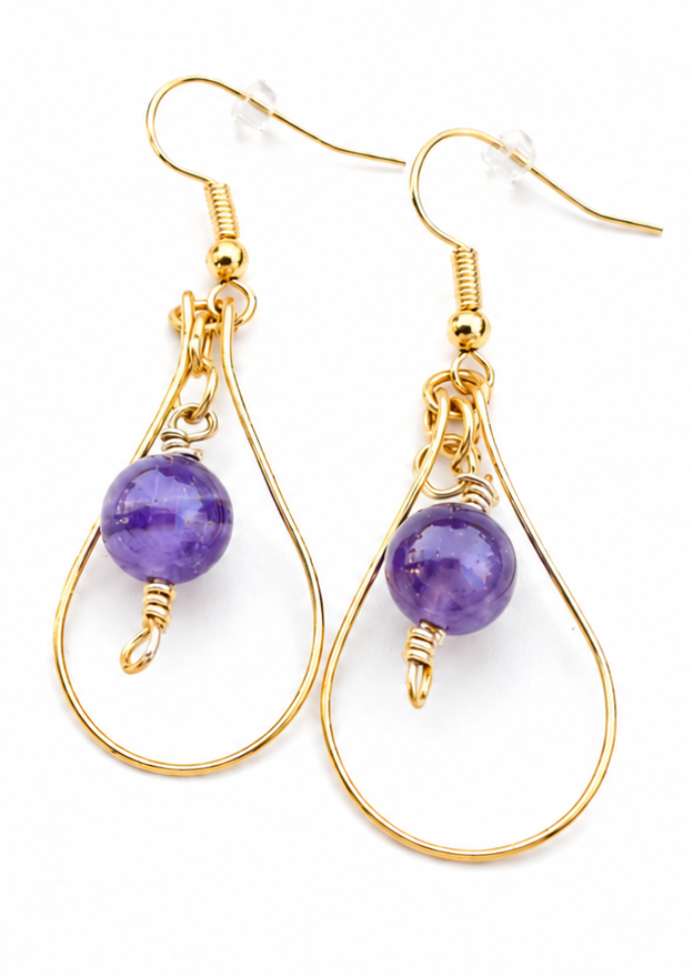 Gold Plated Tear Drop Hoop Earrings with Amethyst Beads