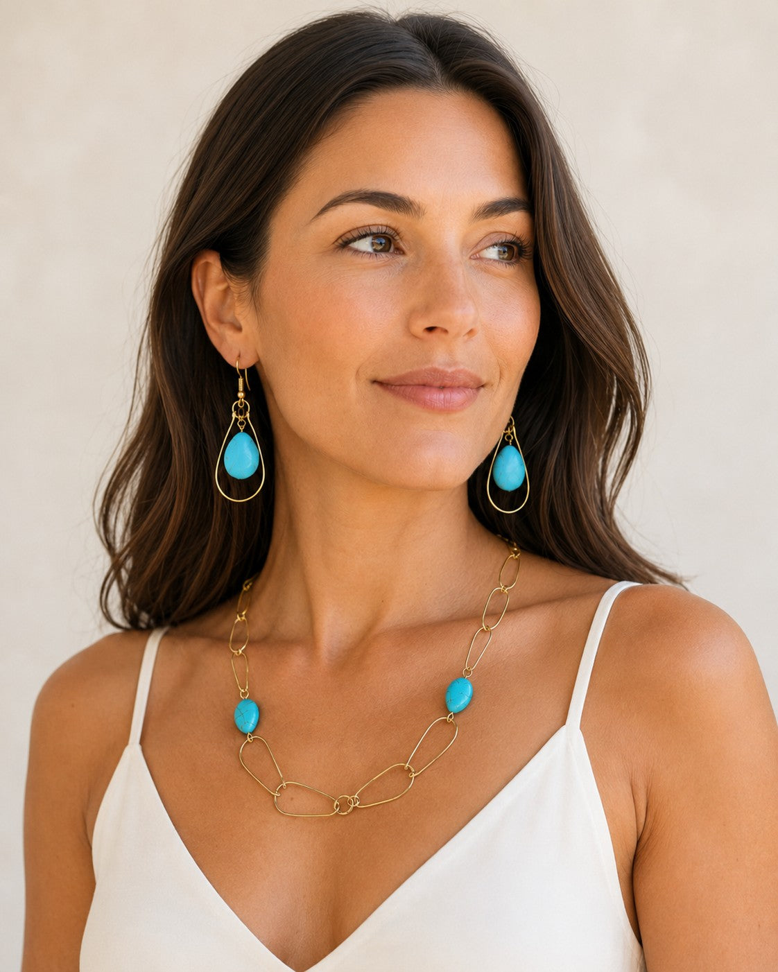 Gold Plated Teardrop Hoop Earrings with Howlite Beads
