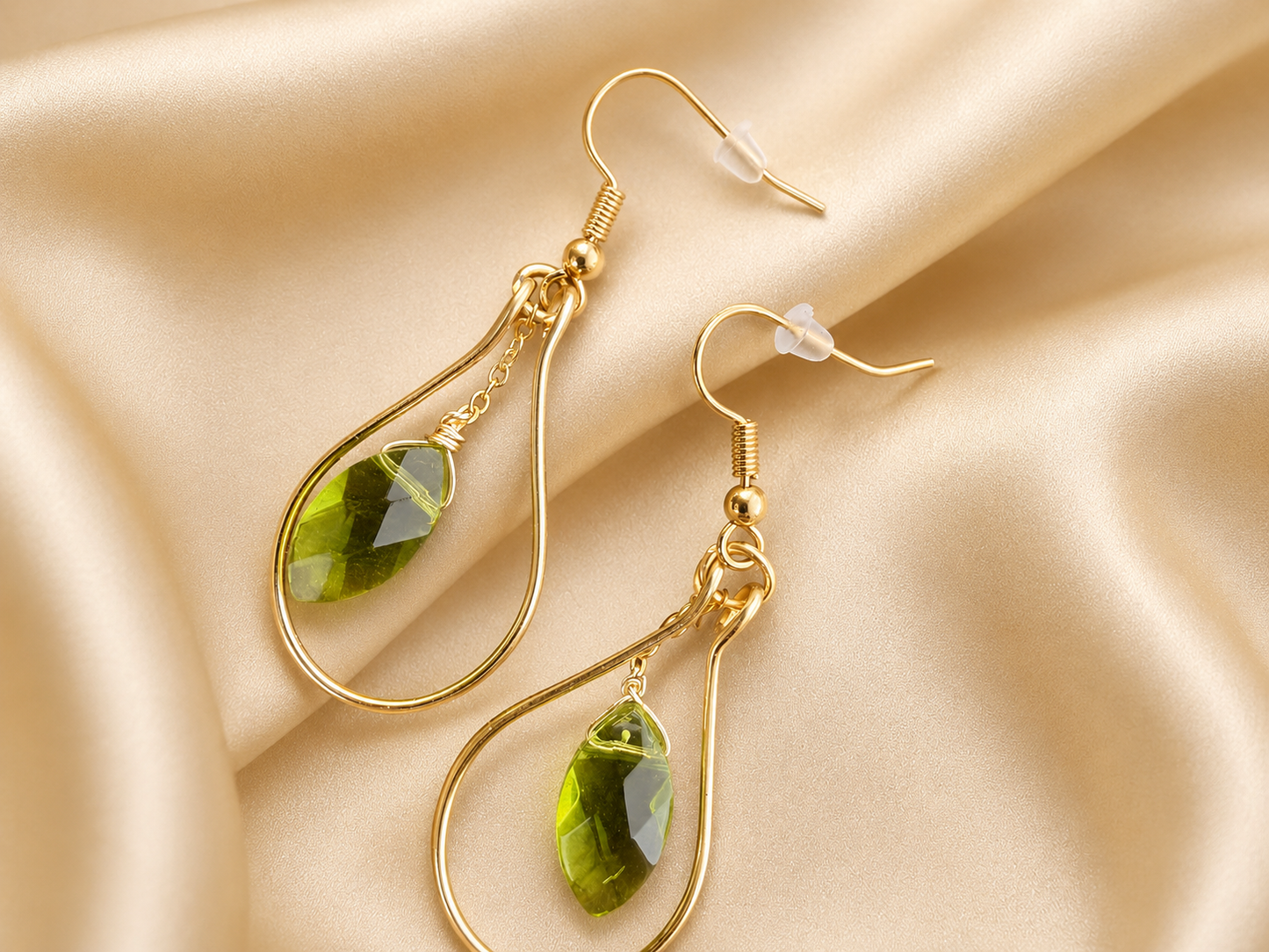 Gold Plated Teardrop Hoop Earrings with Green Glass Bead