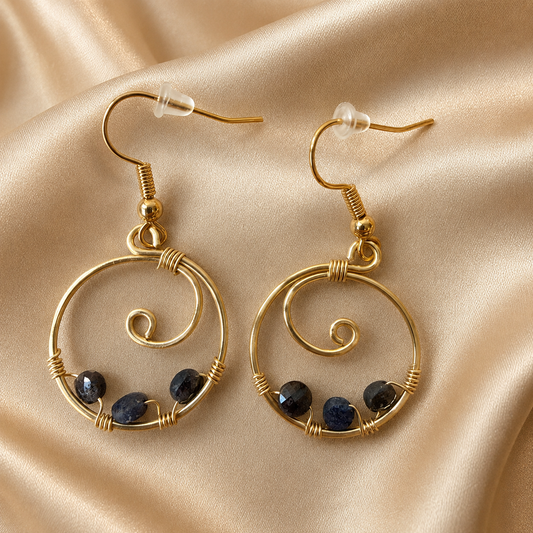 Gold-plated handcrafted hoop earrings with sapphire beads